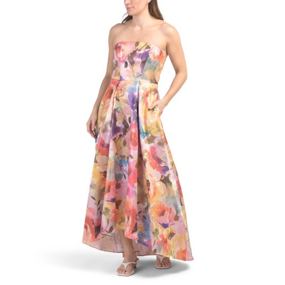 AIDAN MATTOX Pink Multi Jacquard Hi Low Gown